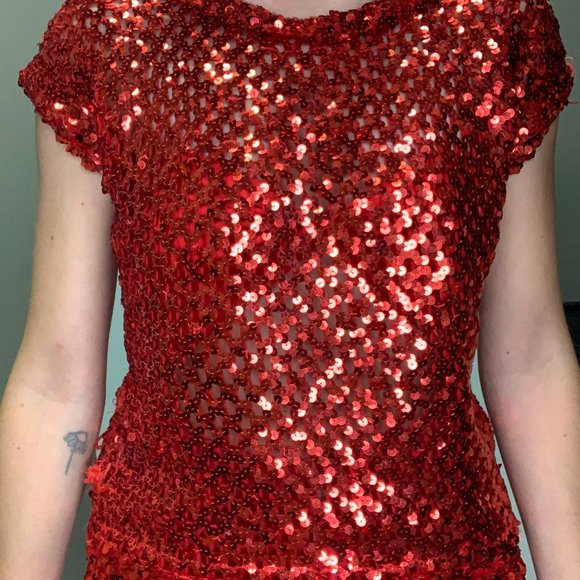 80's Toppettes Red Sequin Net Shirt - Picture 2 of 4